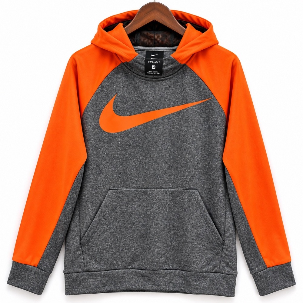Nike Dri-FIT Boys Hoodie Gray Orange Swoosh Fleece Sweatshirt Size Medium